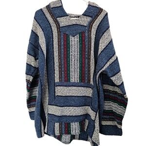 Vintage Mexican Baja Hoodie Blue Striped Woven Drug Rug Pullover Muy Grande XL